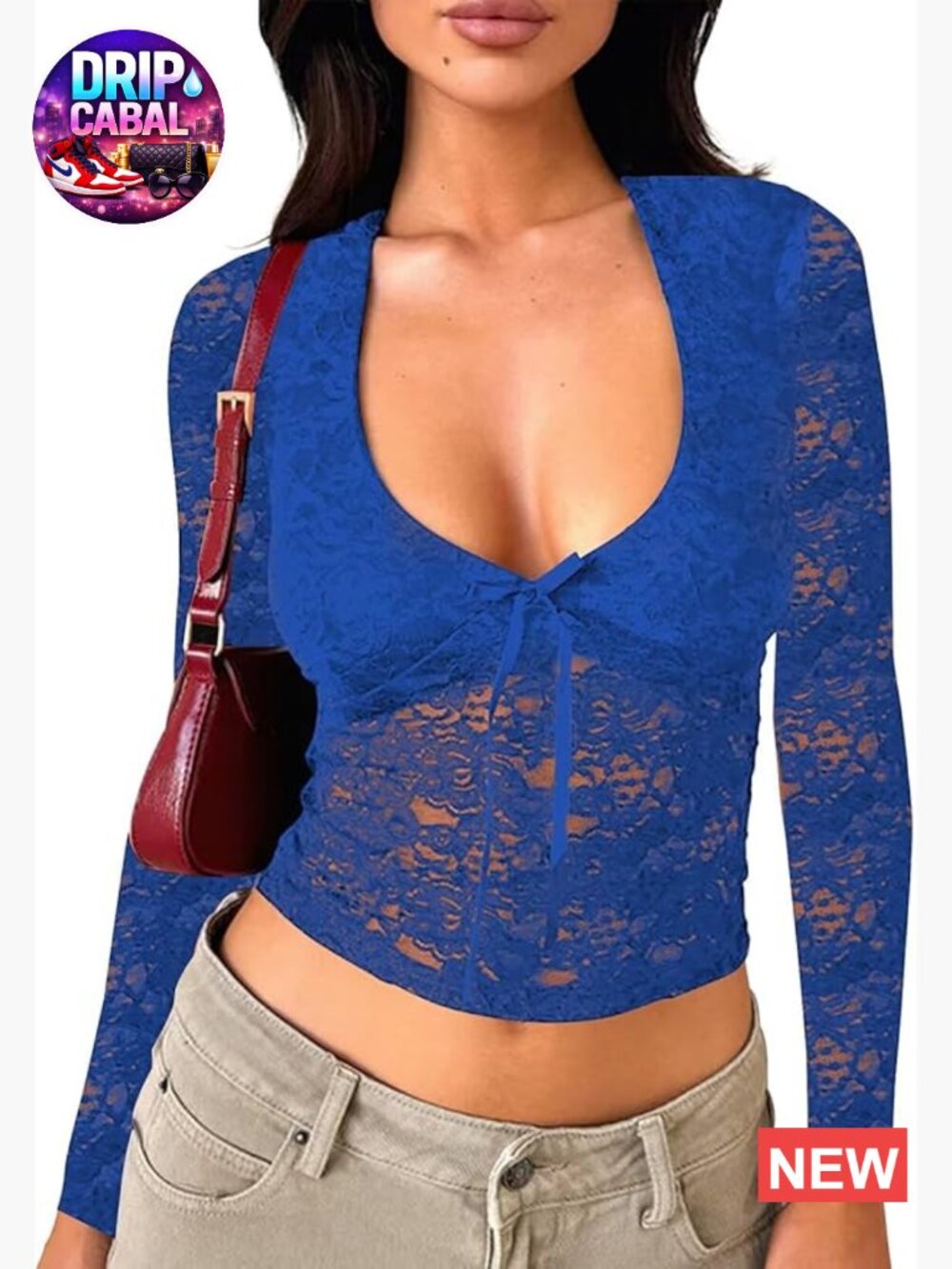 Lace Long Sleeve Y2K Top V-Neck Going Out Club Slim Fit Sheer Blouse